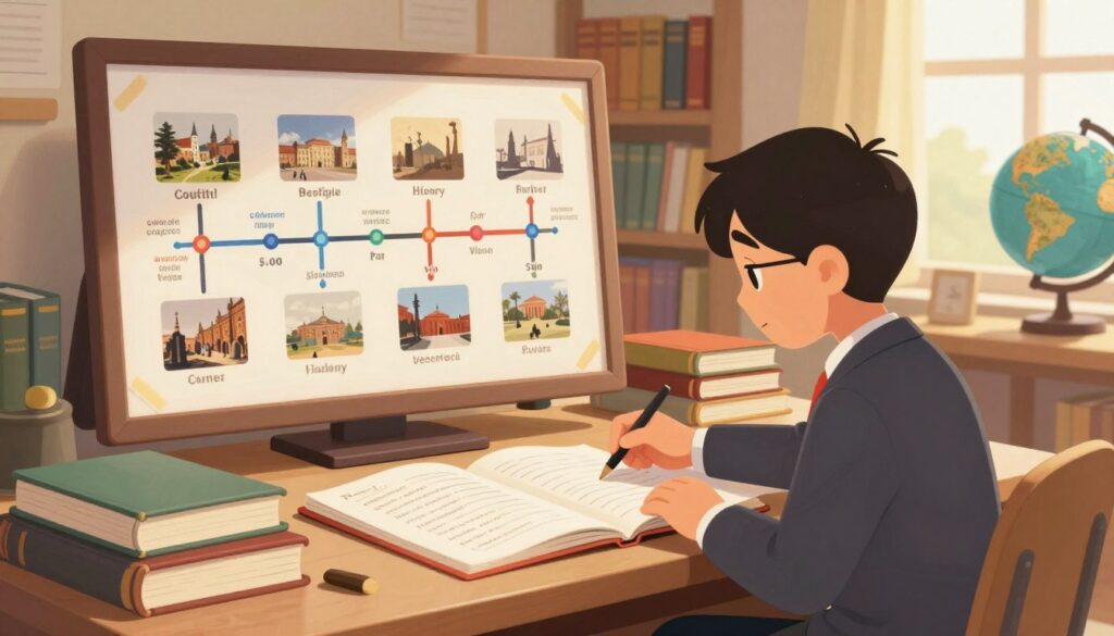 A study desk set up for history learning, featuring an open notebook with neatly organized notes and a colorful timeline chart depicting significant historical events. In the foreground, a focused student in professional business attire, intently reviewing materials, surrounded by books on various historical topics. The middle ground includes a large wall-mounted timeline with pictures and dates that visually connects events, enhancing the learning atmosphere. In the background, a warm, well-lit room filled with shelves of history books and a globe, signifying knowledge and exploration. Soft, natural light filters through a window, creating an inviting and calm environment, perfect for deep concentration and study. The mood is scholarly and encouraging, highlighting the dedication to understanding history through effective study methods.