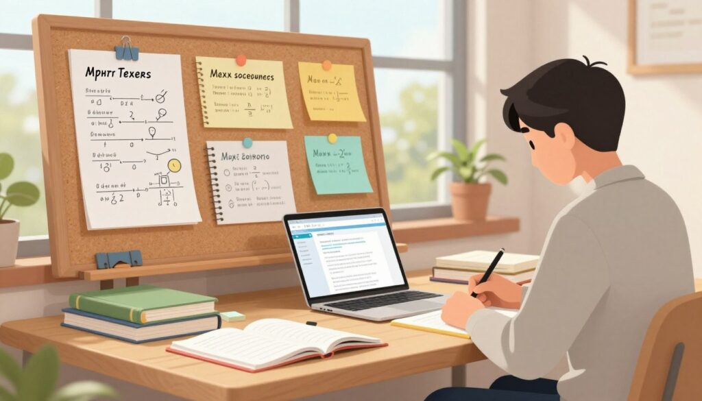 A study scene depicting a well-organized workspace, illustrating various study sequences for different subjects. In the foreground, a wooden desk with neatly arranged study materials: textbooks, notebooks, and a laptop open to a study app. The middle layer features a corkboard with color-coded notes and diagrams for math, science, and literature, emphasizing personalized study sequences. In the background, a large window lets in soft, natural light, creating a warm and inviting atmosphere. An indoor plant adds a touch of freshness. A person in professional casual attire, focused and taking notes, sits at the desk, portraying dedication to effective studying. The mood is productive and motivating, with a slight blur effect on the background to emphasize the subject. A study scene depicting a well-organized workspace, illustrating various study sequences for different subjects. In the foreground, a wooden desk with neatly arranged study materials: textbooks, notebooks, and a laptop open to a study app. The middle layer features a corkboard with color-coded notes and diagrams for math, science, and literature, emphasizing personalized study sequences. In the background, a large window lets in soft, natural light, creating a warm and inviting atmosphere. An indoor plant adds a touch of freshness. A person in professional casual attire, focused and taking notes, sits at the desk, portraying dedication to effective studying. The mood is productive and motivating, with a slight blur effect on the background to emphasize the subject.