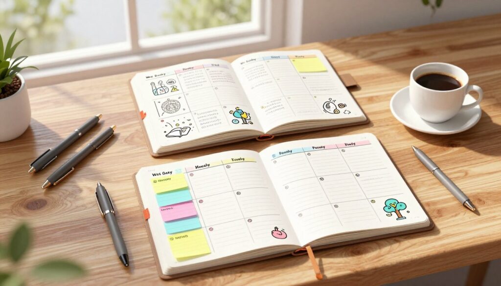 A top-down view of a beautifully organized weekly planner spread on a modern wooden desk. The foreground features colorful sticky notes labeled with different priorities for each day, alongside neatly arranged pens and a cup of coffee. In the middle ground, a stylish planner book is open, showing a well-structured layout with sections for each day of the week, beautifully illustrated with doodles and icons representing tasks and goals. The background includes a soft-focus window with natural daylight streaming in, casting gentle shadows, creating a warm and inviting atmosphere. The overall mood is productive and inspiring, ideal for effective planning. The scene is devoid of any text, ensuring a clean and professional look. A top-down view of a beautifully organized weekly planner spread on a modern wooden desk. The foreground features colorful sticky notes labeled with different priorities for each day, alongside neatly arranged pens and a cup of coffee. In the middle ground, a stylish planner book is open, showing a well-structured layout with sections for each day of the week, beautifully illustrated with doodles and icons representing tasks and goals. The background includes a soft-focus window with natural daylight streaming in, casting gentle shadows, creating a warm and inviting atmosphere. The overall mood is productive and inspiring, ideal for effective planning. The scene is devoid of any text, ensuring a clean and professional look.