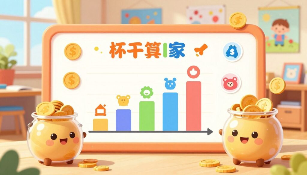 A vibrant and colorful token economy chart designed for kids, featuring illustrations of coins, tokens, and rewards like toys and stickers. In the foreground, display a friendly, cartoon-style money jar with a cheerful expression, overflowing with tokens. In the middle, include a visually engaging bar chart showcasing different rewards tiers, with playful icons representing achievements. The background should depict a bright, sunny classroom environment, complete with cheerful children's artwork on the walls and a light blue sky visible through a window. Soft, natural lighting gives the scene a welcoming atmosphere. The overall mood should evoke excitement and motivation, encouraging children to engage in earning rewards through positive behavior. A vibrant and colorful token economy chart designed for kids, featuring illustrations of coins, tokens, and rewards like toys and stickers. In the foreground, display a friendly, cartoon-style money jar with a cheerful expression, overflowing with tokens. In the middle, include a visually engaging bar chart showcasing different rewards tiers, with playful icons representing achievements. The background should depict a bright, sunny classroom environment, complete with cheerful children's artwork on the walls and a light blue sky visible through a window. Soft, natural lighting gives the scene a welcoming atmosphere. The overall mood should evoke excitement and motivation, encouraging children to engage in earning rewards through positive behavior.