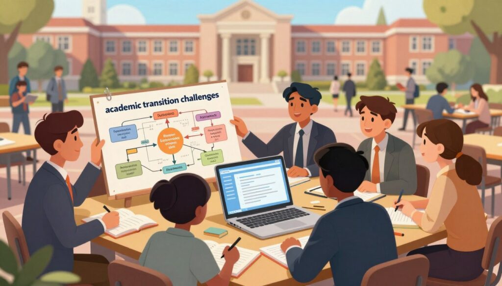 A vibrant and dynamic scene illustrating "academic transition challenges." In the foreground, a diverse group of students—dressed in professional business attire—examines a large, complex flowchart depicting various academic pathways. In the middle, an open laptop displays a screen filled with study materials, while scattered notebooks and textbooks surround the group, symbolizing the chaos of academic pressure. The background features a blurred university campus, with iconic academic buildings and students walking between classes. The lighting is warm and inviting, emphasizing an atmosphere of optimism and resilience, while soft shadows hint at underlying anxiety. The angle should be slightly elevated, capturing the interaction among the students and creating a sense of community and support amidst their challenges.