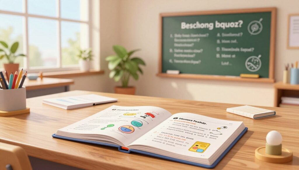 A vibrant and educational scene depicting a modern study space, filled with various science mini-quizzes and practice problems scattered across a sleek wooden desk. In the foreground, an open notebook reveals colorful diagrams and neatly written annotations on the scientific method. Midway, an engaging chalkboard displays thought-provoking science questions illustrated with simple graphics. In the background, large windows let in warm natural light, creating a bright and inspiring atmosphere, while potted plants add a touch of life. The image captures a focused, motivating mood, suggesting an environment conducive to active learning and recall. The composition should be well-balanced with a slight diagonal angle, showcasing both the details on the desk and the overarching educational themes in the background.