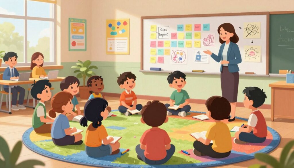 A vibrant and engaging classroom scene depicting collaborative rule setting among a diverse group of students and teachers. In the foreground, a circle of students sitting on colorful mats, animatedly discussing ideas, with notebooks and markers around them. A teacher, dressed in professional attire, facilitates the conversation, smiling and encouraging participation. In the middle ground, a large whiteboard filled with colorful sticky notes and drawings representing students' thoughts on rules, emphasizing inclusivity and creativity. The background shows colorful educational posters on the walls and active engagement from parents watching through a glass window. Soft, natural light filters through large windows, creating a warm and welcoming atmosphere. The overall mood is cooperative, inspiring, and focused on student involvement. A vibrant and engaging classroom scene depicting collaborative rule setting among a diverse group of students and teachers. In the foreground, a circle of students sitting on colorful mats, animatedly discussing ideas, with notebooks and markers around them. A teacher, dressed in professional attire, facilitates the conversation, smiling and encouraging participation. In the middle ground, a large whiteboard filled with colorful sticky notes and drawings representing students' thoughts on rules, emphasizing inclusivity and creativity. The background shows colorful educational posters on the walls and active engagement from parents watching through a glass window. Soft, natural light filters through large windows, creating a warm and welcoming atmosphere. The overall mood is cooperative, inspiring, and focused on student involvement.