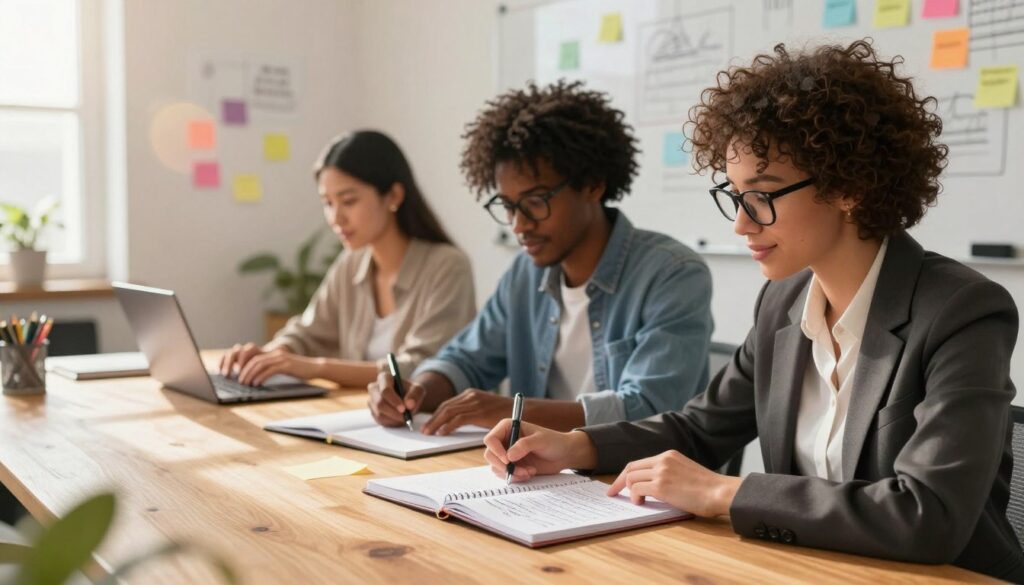 A vibrant and engaging scene of collaborative writing, featuring a diverse group of three individuals seated around a large wooden table in a cozy, well-lit office space. In the foreground, a woman with curly hair in professional attire enthusiastically points at a notebook filled with handwritten notes, while a man in glasses thoughtfully nods, holding a pen poised above his own notebook. The middle ground shows another person, a woman in modest casual clothing, typing on a laptop with focused determination. The background features a whiteboard filled with brainstorming ideas and colorful sticky notes, creating an atmosphere of creativity and teamwork. Soft, warm lighting from a nearby window casts natural shadows, and a lens flare adds a touch of inspiration to the scene. The overall mood is collaborative, productive, and friendly. A vibrant and engaging scene of collaborative writing, featuring a diverse group of three individuals seated around a large wooden table in a cozy, well-lit office space. In the foreground, a woman with curly hair in professional attire enthusiastically points at a notebook filled with handwritten notes, while a man in glasses thoughtfully nods, holding a pen poised above his own notebook. The middle ground shows another person, a woman in modest casual clothing, typing on a laptop with focused determination. The background features a whiteboard filled with brainstorming ideas and colorful sticky notes, creating an atmosphere of creativity and teamwork. Soft, warm lighting from a nearby window casts natural shadows, and a lens flare adds a touch of inspiration to the scene. The overall mood is collaborative, productive, and friendly.