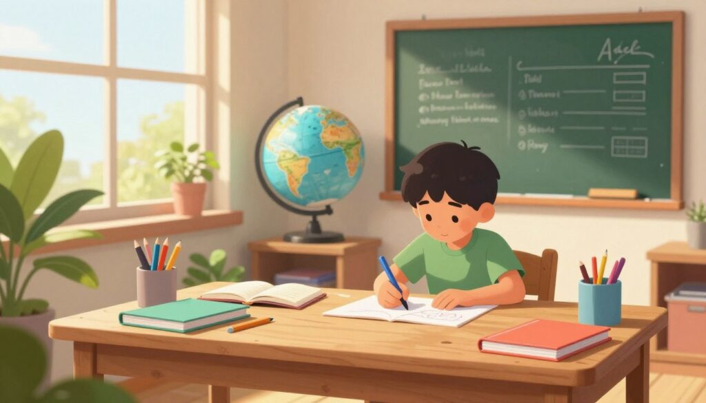 A vibrant and inviting homeschool environment is depicted with a flexible curriculum theme. In the foreground, a tidy wooden desk is adorned with colorful notebooks, open books, and art supplies. Lush green plants add a touch of nature. The middle layer shows a child, dressed in modest casual clothing, engaged in writing and drawing, expressing creativity and concentration. A vintage globe and a chalkboard filled with notes are prominently displayed, symbolizing a structured yet adaptable learning space. The background features warm sunlight streaming through a large window, casting gentle shadows, creating a cozy atmosphere. The scene conveys a sense of balance between flexibility and structure, illustrating the concept of a tailored homeschooling experience. The overall mood is inspiring, encouraging a love for learning in a nurturing setting.