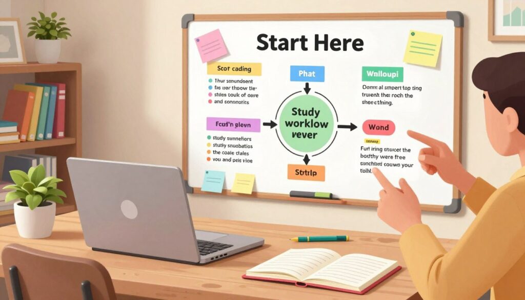 A vibrant and organized study workspace depicting the "Start Here" study workflow for new students. In the foreground, a tidy desk features a laptop, notebooks, and colorful sticky notes arranged neatly. A pair of hands, wearing modest casual clothing, gestures toward a flowchart that outlines study steps. In the middle ground, a whiteboard displays key concepts and scheduling techniques with colorful markers. The background includes a bookshelf filled with educational resources, plants for a touch of nature, and soft ambient lighting that creates a welcoming atmosphere. The image is captured from a slightly elevated angle, allowing a clear view of the desk and whiteboard while conveying a sense of focus and motivation in the study environment. A vibrant and organized study workspace depicting the "Start Here" study workflow for new students. In the foreground, a tidy desk features a laptop, notebooks, and colorful sticky notes arranged neatly. A pair of hands, wearing modest casual clothing, gestures toward a flowchart that outlines study steps. In the middle ground, a whiteboard displays key concepts and scheduling techniques with colorful markers. The background includes a bookshelf filled with educational resources, plants for a touch of nature, and soft ambient lighting that creates a welcoming atmosphere. The image is captured from a slightly elevated angle, allowing a clear view of the desk and whiteboard while conveying a sense of focus and motivation in the study environment.