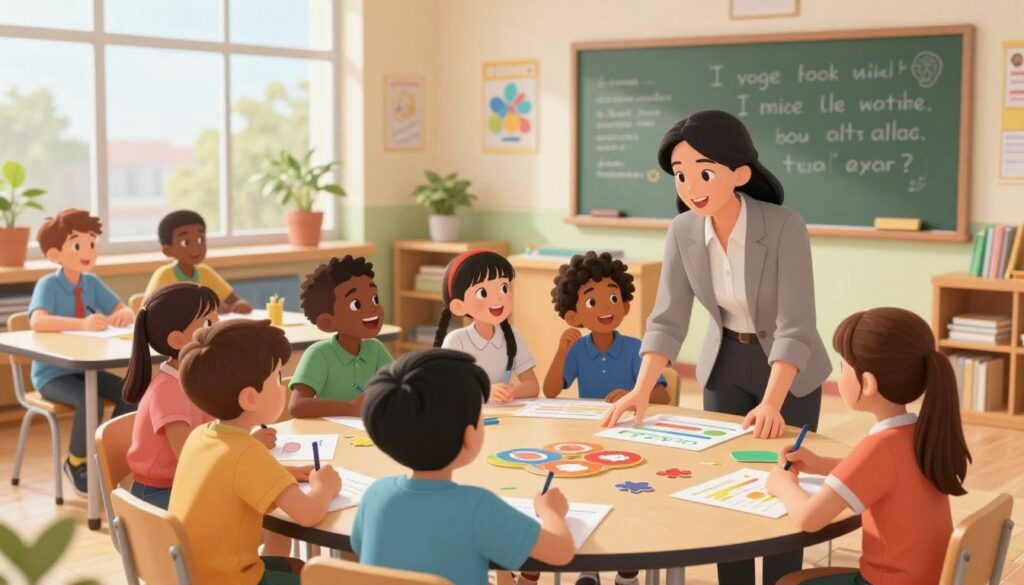 A vibrant classroom filled with diverse, engaged students working together on warm-up activities. In the foreground, a smiling teacher in professional attire interacts with students around a round table, demonstrating a hands-on learning exercise. The middle of the scene features students of various ethnicities excitedly participating in group discussions, with colorful educational materials scattered across the table. The background shows a chalkboard filled with inspirational quotes and a bright learning environment, decorated with educational posters. Soft, natural light streams through the large windows, casting a warm glow that enhances the inviting atmosphere. The overall mood is positive and energetic, capturing the essence of effective classroom management and seamless integration of warm-up activities.