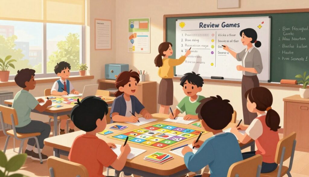 A vibrant classroom scene filled with students engaged in various review game strategies. In the foreground, a diverse group of students, dressed in casual but neat attire, collaborate around a table strewn with colorful flashcards and game materials. In the middle ground, a teacher enthusiastically guides other students through a large whiteboard displaying game rules and objectives. The background shows educational posters and a chalkboard filled with notes, emphasizing a lively learning environment. Soft sunlight filters through large windows, creating a warm and inviting atmosphere. The angle captures a dynamic perspective, highlighting interaction and teamwork, conveying a spirit of fun and enthusiasm for learning.