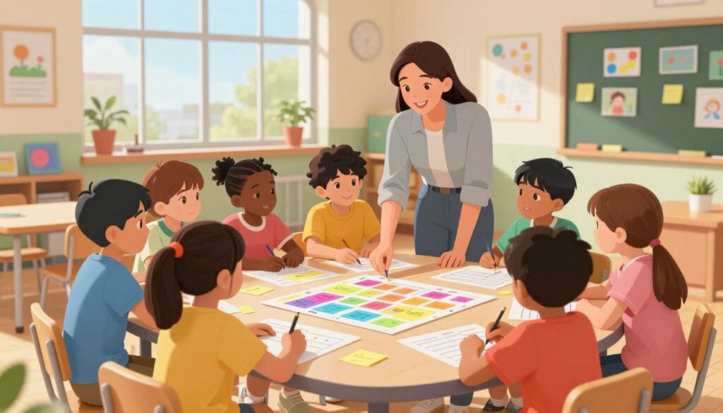 A vibrant classroom scene showcasing children engaged in experiential learning activities. In the foreground, a diverse group of kids, aged 6-10, dressed in bright, casual clothing, collaborate on a planning task, using colorful charts and sticky notes spread across a large table. The middle ground features a teacher, a young adult in smart casual attire, guiding the students with a warm smile, encouraging their creativity. In the background, large windows allow natural sunlight to flood the room, creating a cheerful, inspiring atmosphere. The walls are adorned with educational posters and student artwork. The camera angle is a slightly elevated side view, capturing both the engaged expressions of the children and the dynamic environment, conveying a sense of collaboration and excitement for learning.