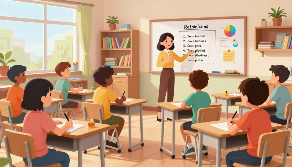 A vibrant classroom scene showcasing effective management routines. In the foreground, a diverse group of attentive students, dressed in modest casual clothing, are sitting at neatly arranged desks, actively engaged in their work. Their expressions reflect focus and collaboration. In the middle ground, a teacher stands confidently at the front, demonstrating a lesson with a whiteboard filled with colorful diagrams and routine checklists. Bright, natural lighting pours in through large windows, highlighting a positive and encouraging environment. The background features shelves filled with educational resources and decorative plants, enhancing the atmosphere of a warm, inviting learning space. The overall mood is energetic and structured, emphasizing the importance of routines in maintaining classroom harmony and student engagement. A vibrant classroom scene showcasing effective management routines. In the foreground, a diverse group of attentive students, dressed in modest casual clothing, are sitting at neatly arranged desks, actively engaged in their work. Their expressions reflect focus and collaboration. In the middle ground, a teacher stands confidently at the front, demonstrating a lesson with a whiteboard filled with colorful diagrams and routine checklists. Bright, natural lighting pours in through large windows, highlighting a positive and encouraging environment. The background features shelves filled with educational resources and decorative plants, enhancing the atmosphere of a warm, inviting learning space. The overall mood is energetic and structured, emphasizing the importance of routines in maintaining classroom harmony and student engagement.