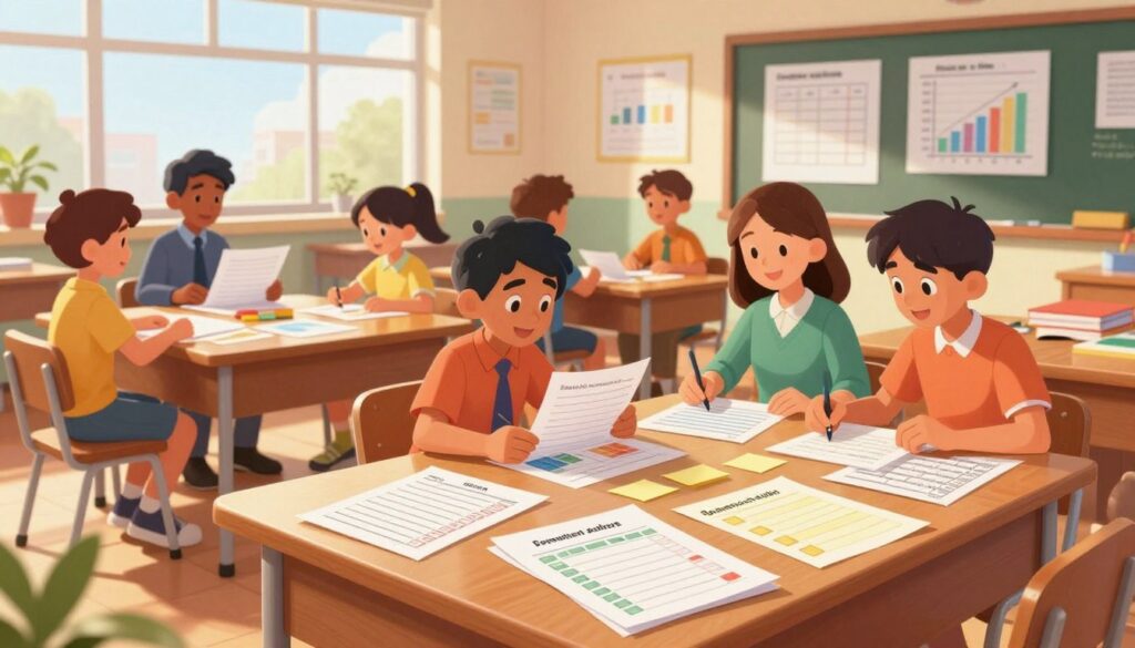 A vibrant classroom scene showcasing various assessment examples. In the foreground, a polished wooden teacher's desk is filled with colorful papers, rubrics, and assessment tools like checklists and sticky notes. In the middle ground, a diverse group of enthusiastic students, dressed in professional but casual clothing, engages in collaborative group work, analyzing charts and discussing their findings. A chalkboard displays graphs and progress charts. In the background, sunlight floods the room through large windows, creating a warm and inviting atmosphere. The walls are adorned with educational posters emphasizing growth and understanding. The image is bright and uplifting, conveying a sense of collaboration and engaged learning. The camera angle is slightly elevated, capturing the dynamic interactions in the classroom.