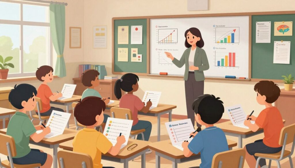 A vibrant classroom scene showcasing various assessment techniques in action. In the foreground, a diverse group of students, dressed in casual, modest clothing, are engaged in hands-on activities, such as a collaborative group project and interactive quizzes. In the middle ground, a teacher encourages students, using visual aids like a whiteboard filled with charts and graphs. The background reveals a well-organized educational environment with colorful bulletin boards displaying student work and assessment tools. Soft, natural light filters through windows, creating an inviting atmosphere. The image captures a sense of focus and enthusiasm, highlighting both traditional and creative approaches to classroom assessments.