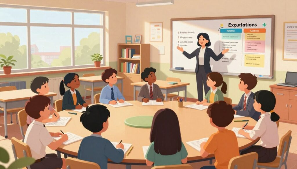 A vibrant classroom setting illuminated by soft, natural light filtering through large windows. In the foreground, a diverse group of students, dressed in professional business attire, gather around a circular table, engaged and attentively listening to a teacher at the center, who stands confidently, gesturing towards a colorful classroom expectations chart on the wall. In the middle, desks are organized neatly, filled with school supplies and a whiteboard visible, displaying positive affirmations and reminders. The background features shelves filled with books and educational materials, creating an inspiring atmosphere. The mood is collaborative and optimistic, emphasizing a fresh start and renewed focus after a break. The camera angle is slightly elevated, capturing the dynamism of the interaction and the inviting environment. A vibrant classroom setting illuminated by soft, natural light filtering through large windows. In the foreground, a diverse group of students, dressed in professional business attire, gather around a circular table, engaged and attentively listening to a teacher at the center, who stands confidently, gesturing towards a colorful classroom expectations chart on the wall. In the middle, desks are organized neatly, filled with school supplies and a whiteboard visible, displaying positive affirmations and reminders. The background features shelves filled with books and educational materials, creating an inspiring atmosphere. The mood is collaborative and optimistic, emphasizing a fresh start and renewed focus after a break. The camera angle is slightly elevated, capturing the dynamism of the interaction and the inviting environment.