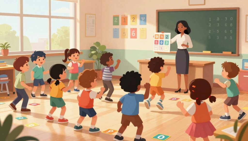 A vibrant classroom setting showcasing students engaged in movement and counting activities. In the foreground, a diverse group of children in professional casual attire enthusiastically participate in a counting game, with colorful number cards scattered around them. In the middle ground, a teacher of various ethnicities demonstrates a dynamic physical activity that incorporates movement, such as jumping or stretching, while holding a number chart. The background features educational posters and a chalkboard with numbers, creating an inviting atmosphere. Soft, natural lighting streams in through large windows, casting gentle shadows and highlighting the energetic mood. The image captures the spirit of creativity and active learning in an engaging educational environment.