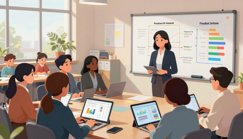 A vibrant office setting showcasing a professional educator conducting a data-driven assessment. In the foreground, a diverse group of teachers, dressed in smart business attire, collaboratively examining digital tablets displaying graphs and student performance data. The middle ground features a whiteboard filled with colorful charts outlining assessment methods and student objectives, illuminated by soft, natural light filtering through large windows. In the background, a modern classroom with students engaged in learning activities, emphasizing an interactive and dynamic environment. The atmosphere is focused and collaborative, conveying the importance of thorough checks and effective feedback in the learning process. Use a wide-angle lens to capture the depth of the scene, highlighting the interaction between educators and the rich visual data surrounding them. A vibrant office setting showcasing a professional educator conducting a data-driven assessment. In the foreground, a diverse group of teachers, dressed in smart business attire, collaboratively examining digital tablets displaying graphs and student performance data. The middle ground features a whiteboard filled with colorful charts outlining assessment methods and student objectives, illuminated by soft, natural light filtering through large windows. In the background, a modern classroom with students engaged in learning activities, emphasizing an interactive and dynamic environment. The atmosphere is focused and collaborative, conveying the importance of thorough checks and effective feedback in the learning process. Use a wide-angle lens to capture the depth of the scene, highlighting the interaction between educators and the rich visual data surrounding them.