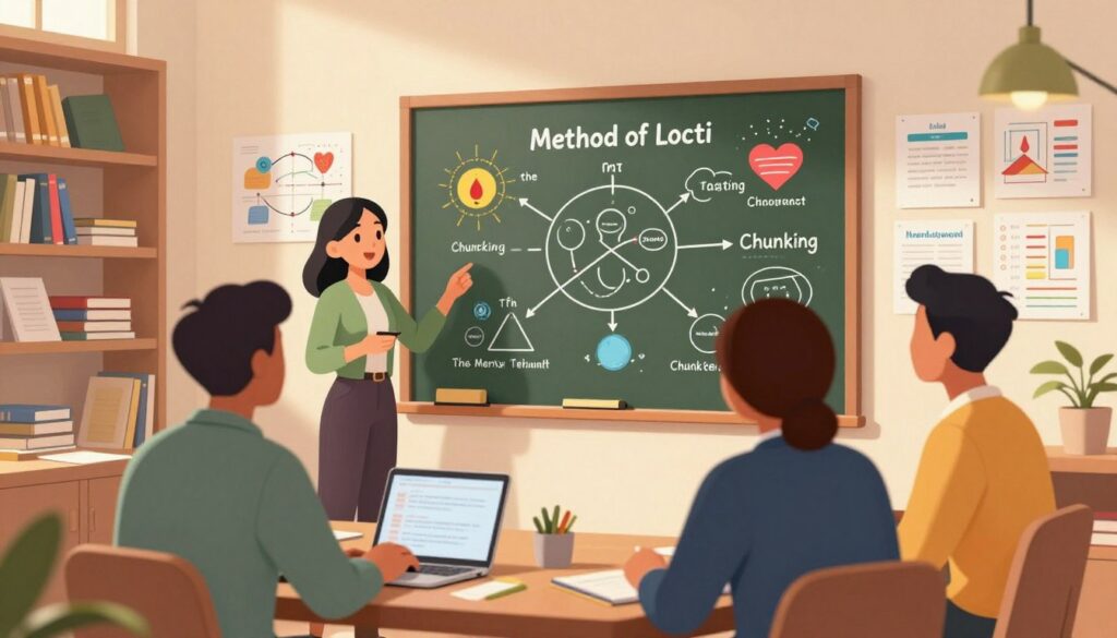 A vibrant, organized study space showcasing various memory techniques. In the foreground, a diverse group of three professional individuals—two men and one woman—are engaged in a dynamic brainstorming session. They are dressed in smart casual attire, discussing strategies while surrounded by colorful visual aids like mind maps, charts, and diagrams. In the middle, a large chalkboard displays a variety of memory techniques, like the method of loci and chunking, illustrated with engaging visuals. In the background, bookshelves filled with educational materials and a soft glow from warm lighting create an inviting atmosphere. The lens is set at a slight angle to capture both the individuals and the detailed memory boards, conveying a sense of collaboration and innovation in learning.