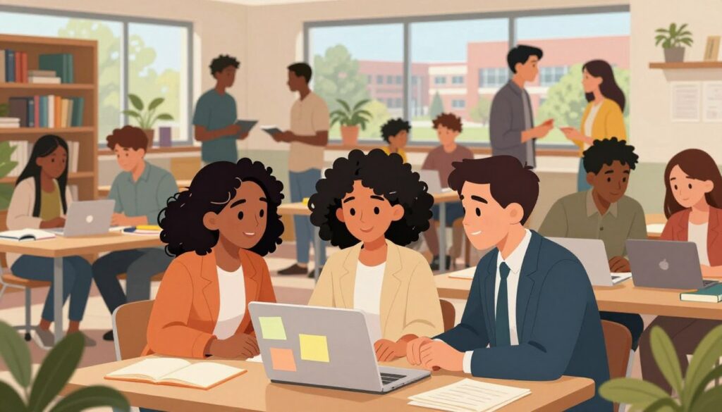 A vibrant university setting filled with diverse students collaborating and networking. In the foreground, a group of three students, including a woman with curly hair in a smart casual outfit and two men in business attire, are engaged in a lively discussion around a laptop adorned with colorful sticky notes. The middle layer features a cozy study area with bookshelves, plants, and study materials scattered around, creating an inviting atmosphere for learning and collaboration. In the background, large windows let in soft, natural light, illuminating the scene and providing a glimpse of a bustling campus outside. The mood is uplifting and supportive, emphasizing the importance of building connections and a strong support network among peers. A vibrant university setting filled with diverse students collaborating and networking. In the foreground, a group of three students, including a woman with curly hair in a smart casual outfit and two men in business attire, are engaged in a lively discussion around a laptop adorned with colorful sticky notes. The middle layer features a cozy study area with bookshelves, plants, and study materials scattered around, creating an inviting atmosphere for learning and collaboration. In the background, large windows let in soft, natural light, illuminating the scene and providing a glimpse of a bustling campus outside. The mood is uplifting and supportive, emphasizing the importance of building connections and a strong support network among peers.