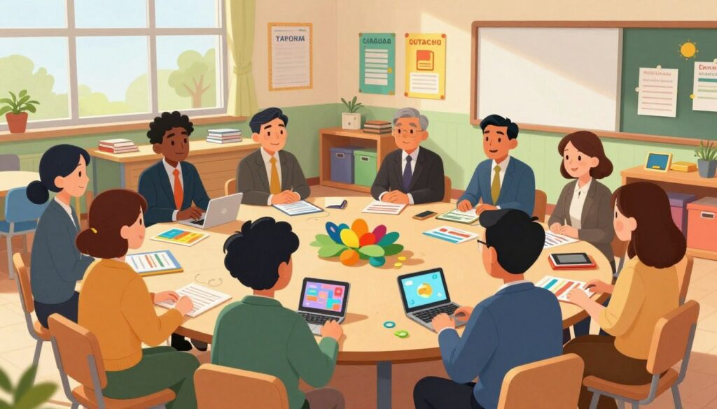 A vibrant, welcoming scene in a diverse school environment. In the foreground, a seated group of teachers and parents, dressed in professional business attire, engage in a collaborative discussion. Some are listening attentively, while others share ideas, fostering an atmosphere of mutual respect and support. In the middle ground, a large table is filled with colorful materials such as communication tools, pamphlets, and devices, symbolizing inclusivity. The background features a cheerful classroom with educational posters displaying various languages, reflecting a multicultural approach. Soft, natural lighting illuminates the room, creating an inviting mood, while a wide-angle perspective captures the warm interactions among the participants, emphasizing community and collaboration. A vibrant, welcoming scene in a diverse school environment. In the foreground, a seated group of teachers and parents, dressed in professional business attire, engage in a collaborative discussion. Some are listening attentively, while others share ideas, fostering an atmosphere of mutual respect and support. In the middle ground, a large table is filled with colorful materials such as communication tools, pamphlets, and devices, symbolizing inclusivity. The background features a cheerful classroom with educational posters displaying various languages, reflecting a multicultural approach. Soft, natural lighting illuminates the room, creating an inviting mood, while a wide-angle perspective captures the warm interactions among the participants, emphasizing community and collaboration.