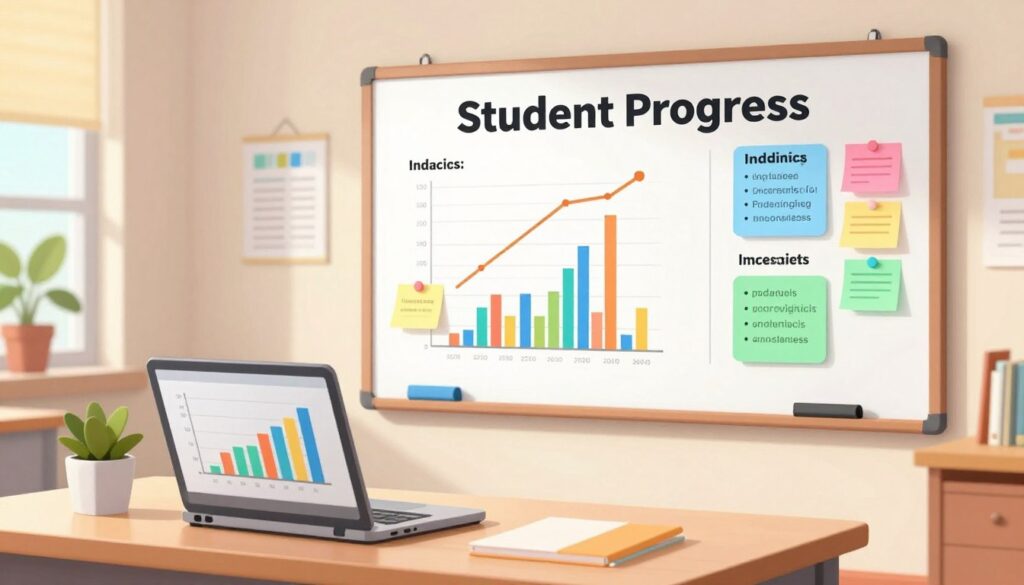 A visually appealing and informative composition illustrating essential metrics for tracking student progress, featuring a professional setting. In the foreground, a clean desk with an open laptop displaying colorful graphs and bar charts related to student performance. In the middle, a whiteboard filled with key performance indicators and colorful sticky notes representing different academic standards. In the background, a bright, well-lit classroom filled with educational materials and potted plants, creating a warm atmosphere. Soft, natural lighting pours in from a window, enhancing the clarity of the data visualizations. The overall mood is organized and productive, emphasizing the importance of effective tracking in education without any text, logos, or human subjects.