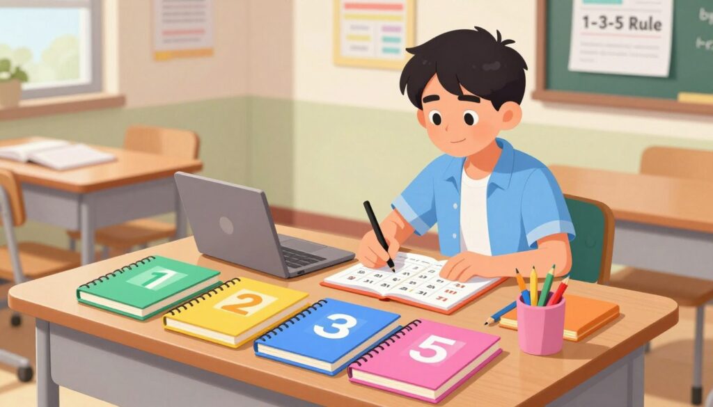 A visually appealing and informative depiction of the "1-3-5 Rule" tailored for students. In the foreground, a neatly organized student desk with three notebooks labeled with "1", "3", and "5", surrounded by colorful stationery. In the middle ground, a confident student, dressed in modest casual clothing, is planning their week with a calendar and a laptop, showing focus and determination. The background features a well-lit classroom environment with motivational posters on the walls, emphasizing study and organization. The lighting is bright and uplifting, suggesting a positive atmosphere for learning. Capture this scene from a slightly elevated angle to provide a comprehensive view of the desk and the student’s engagement with their planning. The overall mood is one of productivity and empowerment. A visually appealing and informative depiction of the "1-3-5 Rule" tailored for students. In the foreground, a neatly organized student desk with three notebooks labeled with "1", "3", and "5", surrounded by colorful stationery. In the middle ground, a confident student, dressed in modest casual clothing, is planning their week with a calendar and a laptop, showing focus and determination. The background features a well-lit classroom environment with motivational posters on the walls, emphasizing study and organization. The lighting is bright and uplifting, suggesting a positive atmosphere for learning. Capture this scene from a slightly elevated angle to provide a comprehensive view of the desk and the student’s engagement with their planning. The overall mood is one of productivity and empowerment.