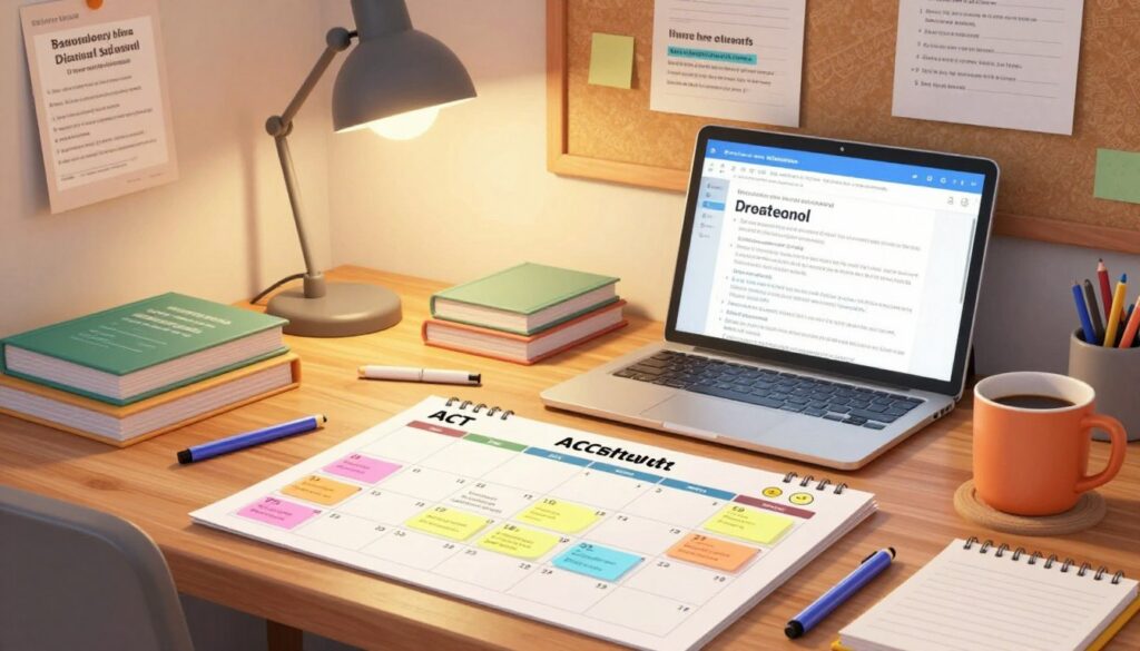 A visually appealing desk setup showcasing an organized ACT schedule for students. In the foreground, a beautifully arranged calendar spread across a wooden desk, featuring colorful markers and sticky notes indicating important test dates and study sessions. A digital tablet displaying online resources for standardized test prep is placed beside a coffee mug, suggesting a busy study environment. In the middle ground, a cozy study lamp casts warm light over the scene, while textbooks and a laptop are neatly organized. In the background, a bulletin board is filled with motivational quotes and additional study materials. The atmosphere is focused and motivational, encouraging diligent preparation. The lighting is soft and inviting, creating a productive mood perfect for busy students managing their study schedules. A visually appealing desk setup showcasing an organized ACT schedule for students. In the foreground, a beautifully arranged calendar spread across a wooden desk, featuring colorful markers and sticky notes indicating important test dates and study sessions. A digital tablet displaying online resources for standardized test prep is placed beside a coffee mug, suggesting a busy study environment. In the middle ground, a cozy study lamp casts warm light over the scene, while textbooks and a laptop are neatly organized. In the background, a bulletin board is filled with motivational quotes and additional study materials. The atmosphere is focused and motivational, encouraging diligent preparation. The lighting is soft and inviting, creating a productive mood perfect for busy students managing their study schedules.