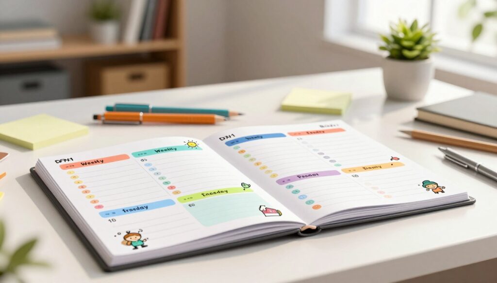 A visually appealing weekly schedule design laid out on a clean desk, featuring a well-organized layout with colorful sections for each day. In the foreground, a stylish planner opened to an illustrative weekly view, showing time blocks for different tasks, highlighting areas for lessons, meetings, and personal time. In the middle, a soft-focus, neatly arranged set of stationery, including colorful pens and sticky notes, adds a touch of creativity. The background includes a warm, inviting office space with a bookshelf and a green plant, enhancing the atmosphere of productivity. Soft, natural lighting filters through a nearby window, casting gentle shadows. The overall mood is one of calm organization and professionalism, perfect for teachers looking to optimize their week.