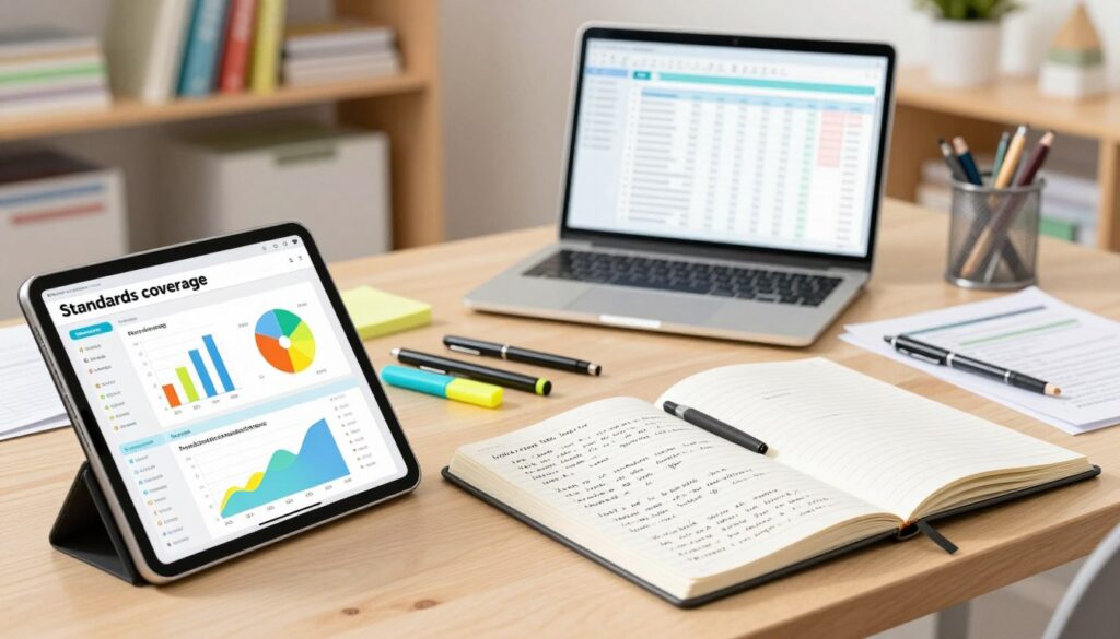 A visually appealing workspace showing a blend of digital and paper tracking methods for standards coverage. In the foreground, a close-up of a modern tablet displaying a digital tracker with colorful graphs and charts. Beside it, an open notebook filled with handwritten notes and paper charts, emphasizing the traditional tracking method. In the middle ground, a well-organized desk with a laptop open to a tracking software interface, alongside pens, highlighters, and printed documents. The background features a softly blurred bookshelf filled with educational materials and resources. The lighting is bright and inviting, enhancing the professional atmosphere. The overall mood is one of productivity and effective organization, suitable for educational purposes.