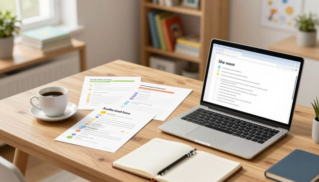 A visually appealing workspace with a wooden desk in the foreground, featuring a laptop open to an email draft with various engaging subject lines visible on the screen. A cup of coffee and a notepad filled with notes on the desk enhances the scene. In the middle, a few printed templates are scattered around, showcasing a mix of friendly and informative email examples. In the background, a cozy home office setting with shelves of children's books and educational materials, soft natural light filtering through a window, creating a warm and inviting atmosphere. The mood is professional yet approachable, inviting parents to connect through effective communication. The image is captured from a slight overhead angle to provide depth and context, emphasizing the importance of well-crafted subject lines in parenting.