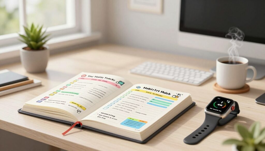A visually captivating habit tracking system displayed on a modern desk. In the foreground, a neatly organized planner opened to a vibrant weekly layout, showcasing checkboxes and habit reflection prompts. Beside it, a smartwatch displaying daily activity progress. The middle ground features a tranquil indoor workspace with a small potted plant and a steaming mug of coffee, suggesting a productive atmosphere. In the background, a large window allows soft, natural light to filter in, illuminating the space and creating a serene mood. Use a wide-angle lens perspective to capture the entire scene, emphasizing clarity and organization. The overall tone should feel inspiring and motivating, inviting viewers to reflect on their personal growth and the importance of consistency in habit formation.