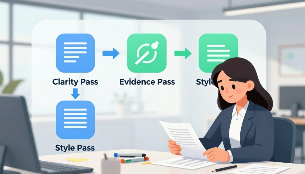 A visually compelling and informative illustration of the three-pass revision method, segmented into three distinct layers. In the foreground, depict a focused professional woman in business attire at a modern desk, reviewing a manuscript, with thoughtfully colored markers and notes scattered around her. In the middle layer, showcase three distinct, labeled icons representing the Clarity Pass, Evidence Pass, and Style Pass, connected by arrows to symbolize progression. The icons should be simple yet impactful, utilizing a color scheme of soothing blues and greens. In the background, create an airy office environment with large windows allowing natural light to stream in, enhancing a productive and collaborative atmosphere. The image should convey a sense of diligence and creativity, emphasizing the importance of a structured approach to revision without any text or markings.