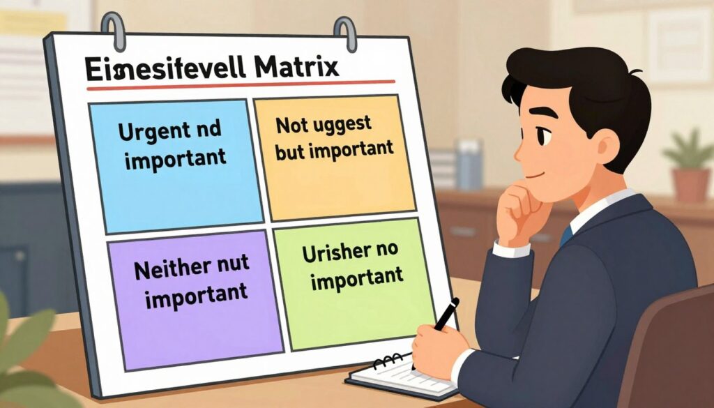 A visually engaging Eisenhower Matrix for prioritizing tasks, prominently displayed in the foreground with clean, bold lines. The matrix is divided into four quadrants: urgent and important, not urgent but important, urgent but not important, and neither urgent nor important, with distinct colors for each section. In the middle ground, a focused individual in professional business attire is contemplating their tasks, with a notepad and pen beside them. The background features a soft-focus office setting with warm lighting, conveying a serene yet productive atmosphere. Use a slightly elevated perspective to capture the matrix and individual effectively, ensuring clarity and attention to detail in the composition.