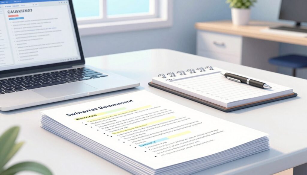 A visually engaging desktop scene showcasing skimmable text in a professional format. In the foreground, a well-organized stack of papers featuring bullet points, headers, and highlighted sections, emphasizing clarity and structure. On the left, a modern laptop completes a vibrant workspace; its screen displays an open document with easy-to-read formatting. In the middle, a stylish planner and a pen are neatly placed alongside the papers, hinting at organized planning. The background features a soft focus of a well-lit office space with natural light streaming in from a window, creating a friendly and inviting atmosphere. The color palette should be calm and professional, featuring soft blues and whites. Aim for a clean and polished look that embodies efficiency and clarity in announcements.