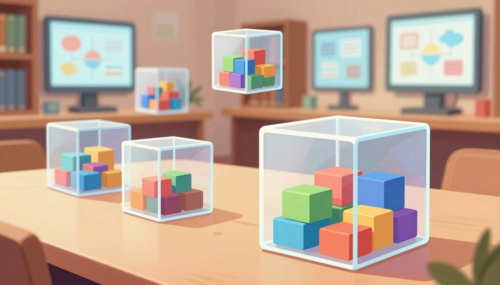 A visually engaging illustration of recursive chunking for complex topics, featuring a layered structure of interconnected information. In the foreground, depict a large, transparent cube with various colorful blocks inside, each representing a distinct chunk of information. The middle ground shows multiple smaller cubes, each containing even smaller blocks, symbolizing the recursive nature of chunking. The background features a soft-focus library filled with books and digital screens displaying diagrams, enhancing the academic atmosphere. Use warm, inviting lighting to create a sense of discovery and clarity. The composition should be organized and balanced, with a slight tilt to emphasize depth. The overall mood is one of exploration and understanding, inviting viewers to delve deeper into the concept.