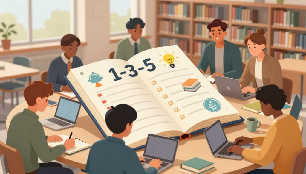 A visually engaging illustration representing the "1-3-5 Rule" for productivity in a student environment. In the foreground, a diverse group of students in professional casual attire, each focused on their tasks: one writing in a planner, three working on laptops, and five discussing ideas together. The middle layer features an open planner prominently displaying the number sequence "1-3-5" with symbols for tasks, such as a lightbulb for ideas, books for study, and a checklist for goals. The background showcases a bright, modern library setting with bookshelves, study tables, and natural light streaming through large windows. The overall mood is inspiring and productive, with warm lighting to evoke a sense of motivation and focus. The angle should provide a dynamic perspective, highlighting the students' engagement with their planning process. A visually engaging illustration representing the "1-3-5 Rule" for productivity in a student environment. In the foreground, a diverse group of students in professional casual attire, each focused on their tasks: one writing in a planner, three working on laptops, and five discussing ideas together. The middle layer features an open planner prominently displaying the number sequence "1-3-5" with symbols for tasks, such as a lightbulb for ideas, books for study, and a checklist for goals. The background showcases a bright, modern library setting with bookshelves, study tables, and natural light streaming through large windows. The overall mood is inspiring and productive, with warm lighting to evoke a sense of motivation and focus. The angle should provide a dynamic perspective, highlighting the students' engagement with their planning process.