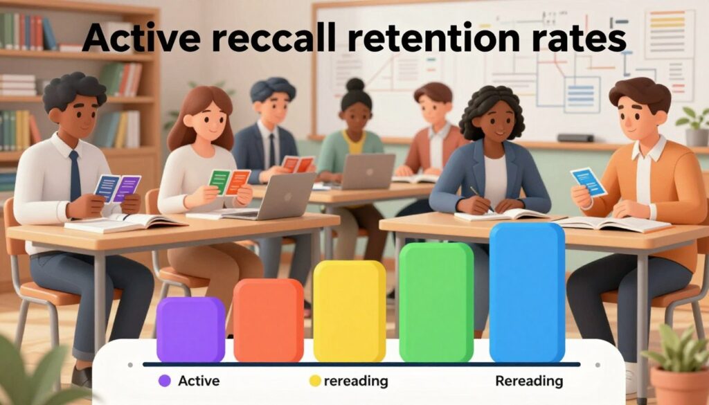 A visually engaging infographic depicting "active recall retention rates." In the foreground, there’s a stylized bar graph showcasing varying retention rates, with vibrant colors indicating differences between active recall and rereading. The middle ground features students of diverse backgrounds engaged in study sessions, some using flashcards and others discussing materials, all dressed in professional business attire or modest casual clothing. In the background, an academic setting with shelves of books and a whiteboard filled with diagrams creates a scholarly atmosphere. Soft, diffused lighting highlights the subjects without harsh shadows, enhancing a sense of focus and productivity. The overall mood is one of motivation and academic success, emphasizing the effectiveness of active learning strategies.