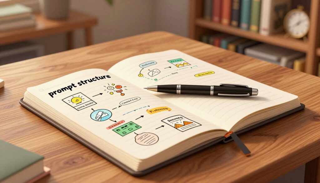 A visually engaging representation of the "prompt structure" concept, featuring a large, open notebook on a sleek wooden desk in the foreground, filled with neatly organized, colorful ideas and diagrams. In the middle, a refined pen lies atop the notebook, symbolizing the writing process. In the background, a softly lit room with warm ambient lighting creates a cozy atmosphere, adorned with bookshelves filled with reference books and a subtle vintage clock. The scene should avoid clutter, emphasizing clarity and focus, while the angle captures the notebook and pen from an overhead perspective to highlight the details of the structure. The mood is inspiring and motivational, inviting creativity and organized thought. A visually engaging representation of the "prompt structure" concept, featuring a large, open notebook on a sleek wooden desk in the foreground, filled with neatly organized, colorful ideas and diagrams. In the middle, a refined pen lies atop the notebook, symbolizing the writing process. In the background, a softly lit room with warm ambient lighting creates a cozy atmosphere, adorned with bookshelves filled with reference books and a subtle vintage clock. The scene should avoid clutter, emphasizing clarity and focus, while the angle captures the notebook and pen from an overhead perspective to highlight the details of the structure. The mood is inspiring and motivational, inviting creativity and organized thought.