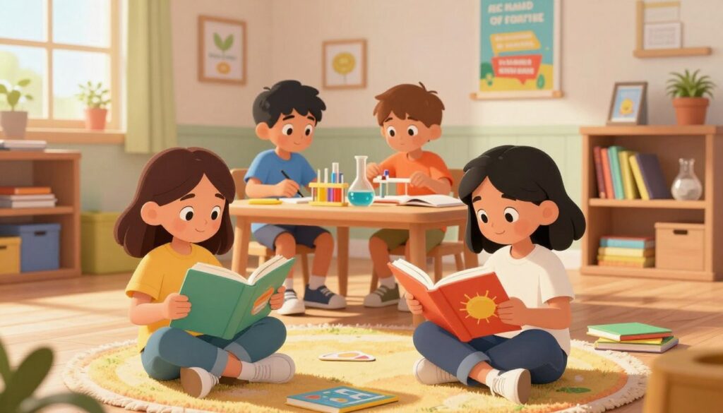 A visually engaging scene depicting a diverse group of homeschool students engaged in various independent learning activities. In the foreground, a young girl, wearing modest casual clothing, is reading a book while sitting on a colorful rug surrounded by educational materials. In the middle ground, two boys are collaborating on a science experiment at a well-organized table, their expressions focused and determined. The background features a cozy, sunlit room with bookshelves filled with learning resources and a motivational poster on the wall. Soft, natural light filters through a nearby window, creating a warm and inviting atmosphere. The overall mood is one of creativity, curiosity, and empowerment, illustrating key strategies for building student independence in a homeschool environment. A visually engaging scene depicting a diverse group of homeschool students engaged in various independent learning activities. In the foreground, a young girl, wearing modest casual clothing, is reading a book while sitting on a colorful rug surrounded by educational materials. In the middle ground, two boys are collaborating on a science experiment at a well-organized table, their expressions focused and determined. The background features a cozy, sunlit room with bookshelves filled with learning resources and a motivational poster on the wall. Soft, natural light filters through a nearby window, creating a warm and inviting atmosphere. The overall mood is one of creativity, curiosity, and empowerment, illustrating key strategies for building student independence in a homeschool environment.