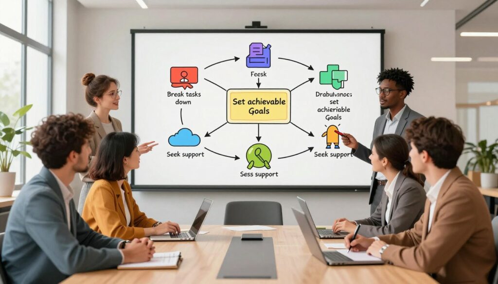 A visually engaging scene illustrating a step-by-step strategy for tackling challenging tasks. In the foreground, a diverse group of professionals in modest business attire collaboratively discussing strategies around a modern conference table, with notepads and digital devices scattered. The middle ground features a large, detailed flowchart or roadmap on a whiteboard, mapping out each step clearly, with colorful icons representing various strategies like "break tasks down," "set achievable goals," and "seek support." The background showcases a well-lit office environment with large windows, allowing natural light to filter in, creating a warm and inviting atmosphere. The image conveys determination and teamwork, emphasizing productivity and focus, with a slightly blurred background to keep attention on the strategies.