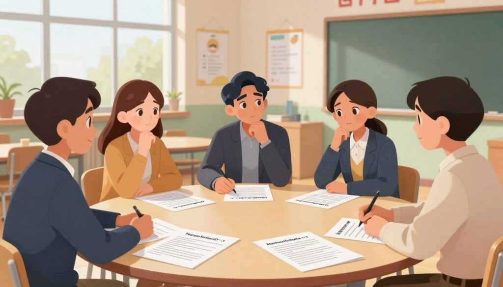A visually engaging scene in a modern school setting, showcasing a round table discussion among parents in professional attire and a school administrator, all appearing attentive and engaged. In the foreground, a neatly arranged table holds printed documents with thoughtful questions about AI in education. The middle ground features parents of diverse backgrounds, reflecting concern and curiosity, while the background shows a bright classroom with educational posters and a smart board. Soft, natural lighting filters through large windows, creating a warm and inviting atmosphere. The camera is positioned at eye level, providing a clear view of the interactions, capturing a sense of collaboration and thoughtfulness during this important conversation. A visually engaging scene in a modern school setting, showcasing a round table discussion among parents in professional attire and a school administrator, all appearing attentive and engaged. In the foreground, a neatly arranged table holds printed documents with thoughtful questions about AI in education. The middle ground features parents of diverse backgrounds, reflecting concern and curiosity, while the background shows a bright classroom with educational posters and a smart board. Soft, natural lighting filters through large windows, creating a warm and inviting atmosphere. The camera is positioned at eye level, providing a clear view of the interactions, capturing a sense of collaboration and thoughtfulness during this important conversation.