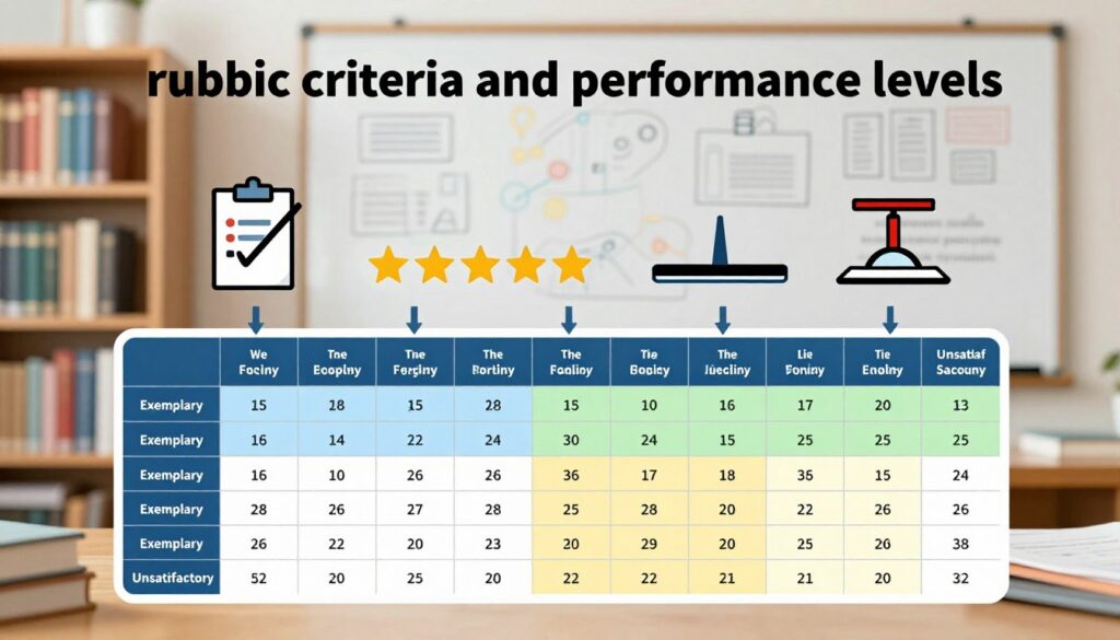A visually organized and engaging infographic representing "rubric criteria and performance levels." In the foreground, display a large, multi-colored rubric chart with distinct rows and columns illustrating various performance levels, from "Exemplary" to "Unsatisfactory." In the middle ground, include icons symbolizing assessment elements, such as a checklist, star ratings, and scales to depict evaluation criteria. In the background, subtly fade in an academic setting with shelves of books and a soft-focus whiteboard filled with outline sketches. Utilize bright, even lighting to create a professional atmosphere, capturing a sense of clarity and structure. The overall mood should convey focus and organization, suitable for educators and students alike.