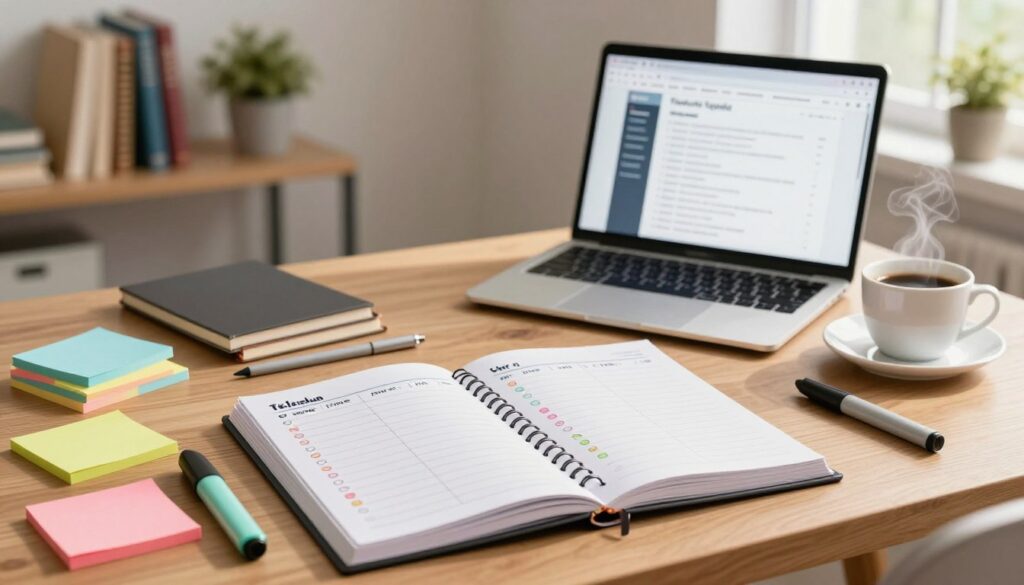 A visually organized study schedule displayed on a wooden desk, with colorful sticky notes and highlighters scattered around. In the foreground, an open planner with neatly written study sessions and accountability checkpoints. In the middle ground, a laptop open to a study resource page, alongside a cup of coffee steaming gently. The background features a serene study space with a small shelf of books and a potted plant adding a touch of green. Natural light filters in through a nearby window, creating a warm and inviting atmosphere. The scene conveys a sense of motivation and structure, ideal for someone preparing for an exam. The focus is sharp, with a slight depth of field effect to highlight the study materials.