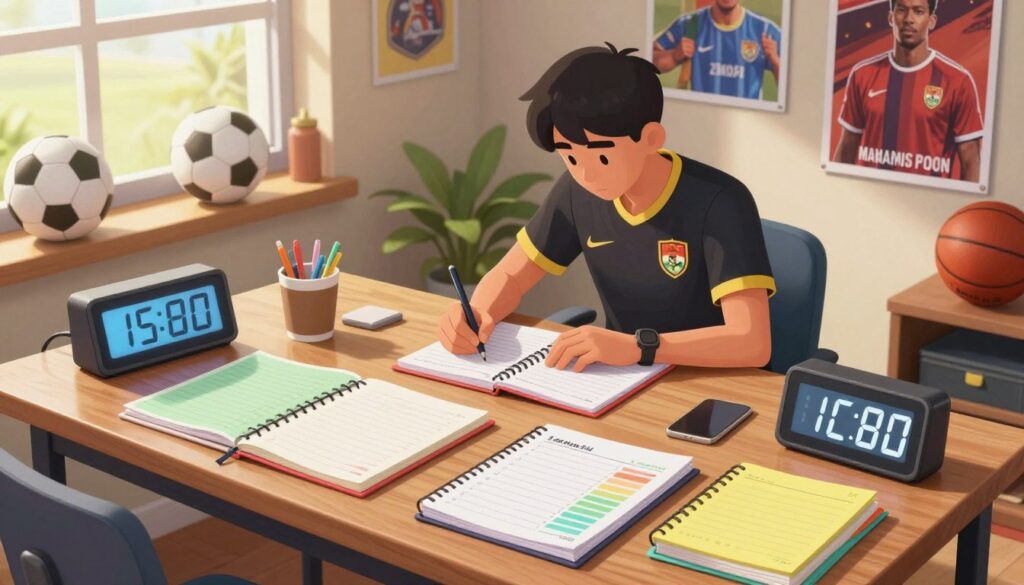 A visually striking and organized study desk scene for athletes focusing on time management. In the foreground, a sleek wooden desk cluttered with colorful planners and notepads, a high-tech digital clock displaying study and training schedule times. In the middle, a focused student in professional athletic attire, diligently writing notes, surrounded by motivational posters of athletes. The background features a sunlit window with sports equipment neatly arranged, such as a soccer ball and basketball. Soft, warm natural lighting filters through the window, creating an inviting atmosphere. The angle is slightly above eye level, capturing both the intensity of study and the essence of athleticism, promoting a balance between academics and training.