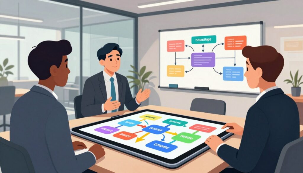 A visually striking illustration of advanced chunking techniques for specialized content. In the foreground, a diverse group of three professionals, dressed in smart business attire, are engaged in animated discussion around a large digital tablet displaying colorful, organized segments of information, with vibrant arrows connecting the chunks. The middle ground features a sleek, modern office environment with glass walls and a whiteboard filled with flowcharts and infographics representing different chunking methods. In the background, soft, ambient natural light filters in through large windows, creating a warm, inviting atmosphere. The composition captures a sense of collaboration and innovation, evoking a mood of productivity and creativity, with a focus on clarity and organization in information flow.