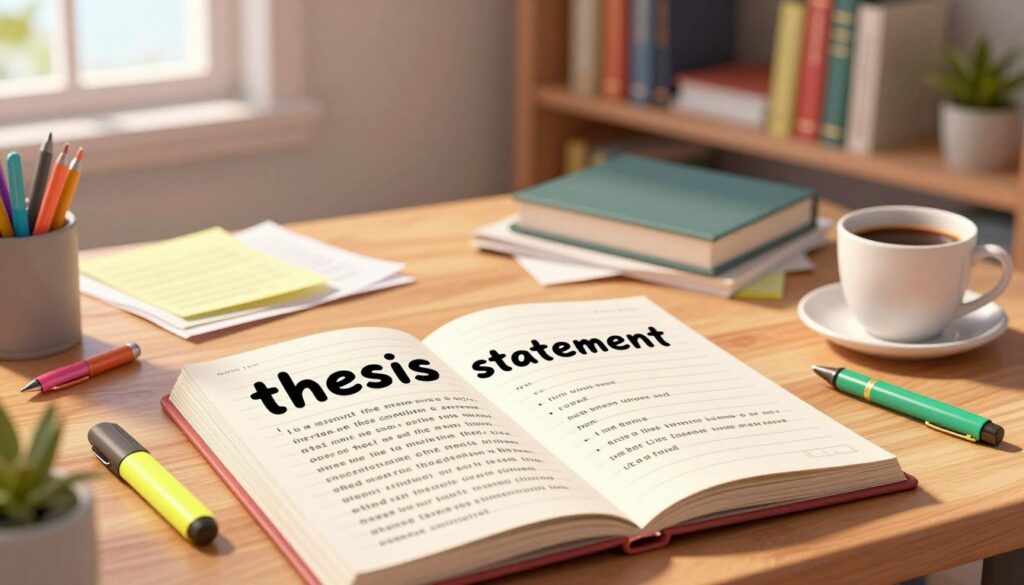 A visually striking representation of a "thesis statement" concept. In the foreground, a large, open notebook with neatly written, bold, and clear thesis statements, surrounded by colorful stationery like pens and highlighters. In the middle, a well-organized desk strewn with academic materials such as books, notes, and a cup of coffee, creating a focused study atmosphere. The background features a soft-focus bookshelf filled with varied titles, hinting at a scholarly environment. Warm, natural light filters through a nearby window, casting gentle shadows that evoke a sense of calm and contemplation. The overall mood is one of clarity and determination, emphasizing the importance of a strong, singular thesis in essay writing. A visually striking representation of a "thesis statement" concept. In the foreground, a large, open notebook with neatly written, bold, and clear thesis statements, surrounded by colorful stationery like pens and highlighters. In the middle, a well-organized desk strewn with academic materials such as books, notes, and a cup of coffee, creating a focused study atmosphere. The background features a soft-focus bookshelf filled with varied titles, hinting at a scholarly environment. Warm, natural light filters through a nearby window, casting gentle shadows that evoke a sense of calm and contemplation. The overall mood is one of clarity and determination, emphasizing the importance of a strong, singular thesis in essay writing.