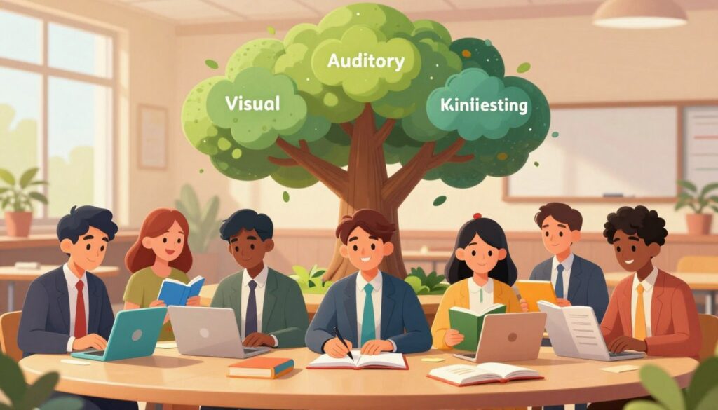 A visually striking representation of various learning styles. In the foreground, a diverse group of students, dressed in professional business attire, interact with colorful study materials — visual aids, books, and digital devices that symbolize auditory, kinesthetic, and visual learning styles. In the middle ground, a large, vibrant tree with branches extending outwards, each labeled with different learning methods like 'Visual', 'Auditory', 'Kinesthetic', and 'Reading/Writing'. The background features a serene study environment, filled with warm natural light filtering through large windows, creating a calm and motivating atmosphere. The overall mood is one of inspiration and discovery, inviting viewers to explore their own learning preferences. A visually striking representation of various learning styles. In the foreground, a diverse group of students, dressed in professional business attire, interact with colorful study materials — visual aids, books, and digital devices that symbolize auditory, kinesthetic, and visual learning styles. In the middle ground, a large, vibrant tree with branches extending outwards, each labeled with different learning methods like 'Visual', 'Auditory', 'Kinesthetic', and 'Reading/Writing'. The background features a serene study environment, filled with warm natural light filtering through large windows, creating a calm and motivating atmosphere. The overall mood is one of inspiration and discovery, inviting viewers to explore their own learning preferences.