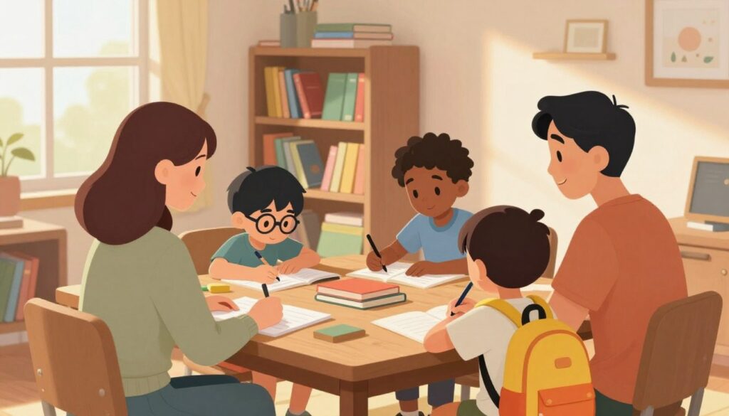 A warm and inviting family study space, where a diverse family of four is engaging in their daily study routine. In the foreground, the parents, dressed in modest casual attire, are seated at a wooden desk, assisting their children, both focused on their schoolwork. The children, one with glasses and the other with a bright backpack, demonstrate a collaborative learning atmosphere. In the middle of the room, a well-organized bookshelf filled with colorful books and study materials is visible, enhancing the educational theme. The background features a large window allowing soft, natural light to flood in, casting warm hues across the scene. The mood is harmonious and focused, representing productivity and family unity. The image should be captured from a slightly elevated angle to clearly show the family dynamics and study environment.