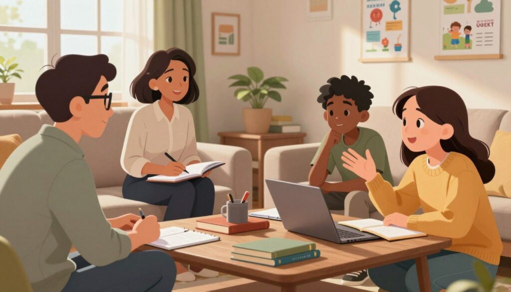 A warm, inviting family living room scene where four diverse family members engage in an academic discussion around a coffee table cluttered with books, notebooks, and a laptop. The foreground features a middle-aged father with glasses in smart-casual attire, actively listening while a teenage daughter in a cozy sweater gestures enthusiastically. In the middle ground, a mother in a professional-looking blouse takes notes, while a younger son in casual clothing appears deep in thought. Soft, natural light filters through a window, casting gentle shadows, creating an atmosphere of collaboration and curiosity. A wall adorned with educational posters hints at a supportive learning environment. The overall mood is encouraging, conducive to dialogue and connection, emphasizing inclusivity and shared learning.