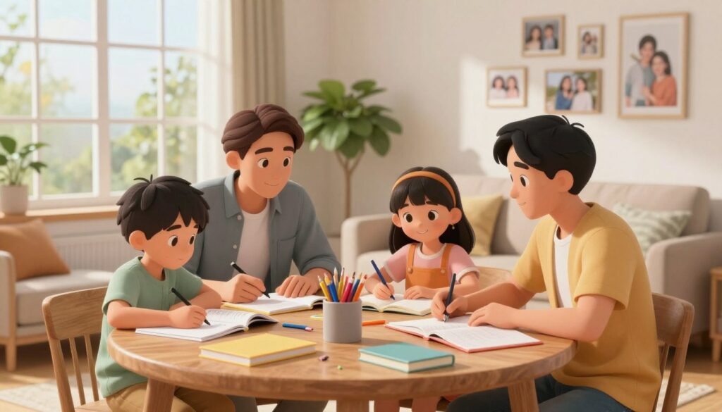 A warm, inviting family study space filled with natural light from large windows. In the foreground, a diverse family of four is gathered around a wooden table, engaged in a harmonious study session. The parents, wearing casual but tidy clothing, provide guidance while the children, a boy and a girl, sit with books and notebooks, looking focused yet relaxed. In the middle, colorful stationery and study materials are spread across the table, emphasizing collaboration. In the background, a cozy living room with plants and family photos on the walls conveys a sense of belonging. The lighting is soft and warm, creating an atmosphere of support and encouragement, with a slightly blurred depth to draw attention to the family connection.