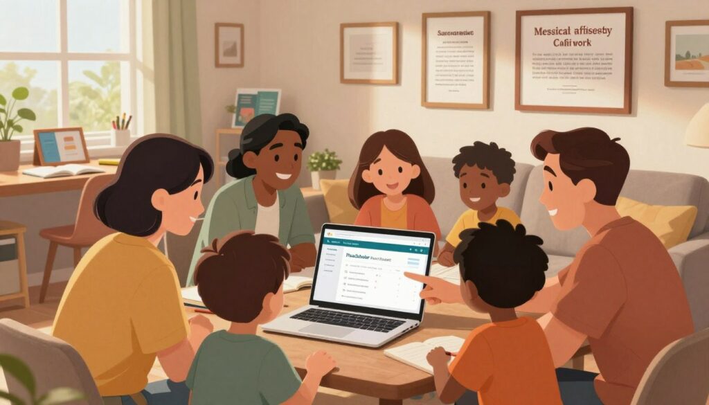 A warm, inviting scene capturing a diverse group of families gathered in a cozy living room, showcasing a sense of achievement and connection. In the foreground, a smiling couple in smart casual attire shares a heartfelt moment with their children, pointing to a laptop displaying the FlowScholar Parent Dashboard. The middle ground features framed testimonials and success stories displayed on an elegant wall, highlighting family accomplishments. In the background, a well-organized study area with educational materials and plants adds a touch of productivity. Soft, natural lighting filters through the window, creating a positive and inspiring atmosphere. The angle is slightly elevated, providing a broad view of the interaction and elements in the room, evoking a feeling of community and support.
