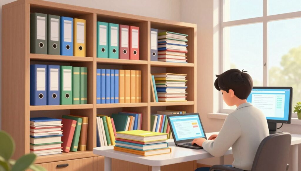 A well-organized and visually appealing student reference vault, showcasing a blend of neatly arranged books, digital files on a computer screen, and various academic materials. In the foreground, a student in professional casual attire is seen studying at a sleek desk, actively engaged with a laptop and a stack of highlighted textbooks. The middle section features a color-coded shelf filled with binders and folders, symbolizing the systematic storage of useful information. The background includes a large window with soft, natural lighting illuminating the room, giving it a warm and inviting atmosphere. The image conveys a sense of productivity and organization, emphasizing the importance of saving and reusing valuable knowledge.